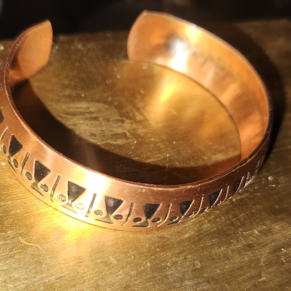 Solid Copper Cuff Bracelet With Black Tribal Desi… - image 1